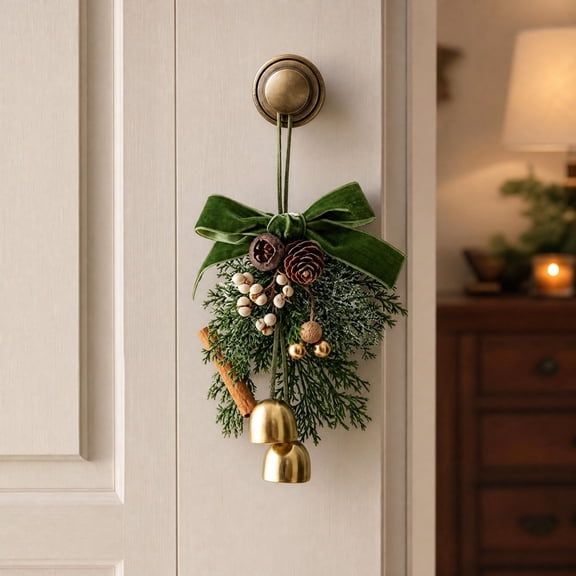 Christmas Door Knob Hanging Ornament, Vintage Green Velvet Bow with Bells Wreath, Artificial Cedar Berries Mini Hanger for Front Door Cabinet