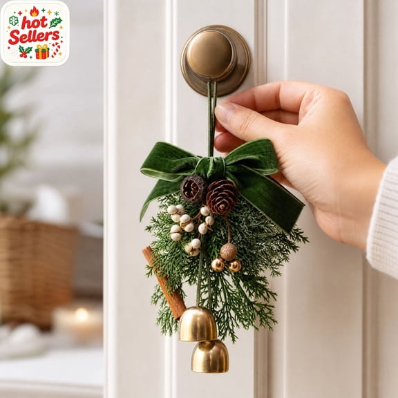 Christmas Door Knob Hanging Ornament Vintage Green Velvet Bow with Golden Bells Cedar Branches Winter Mini Decor for Front Door Cabinet