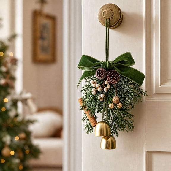 Christmas Door Knob Ornament, Velvet Bow Bells, Cedar Berry Hanger, Classic Winter Style and Gentle Jingle Sound for Front Doors, Cabinet Handles, and Fireplace Mantels.
