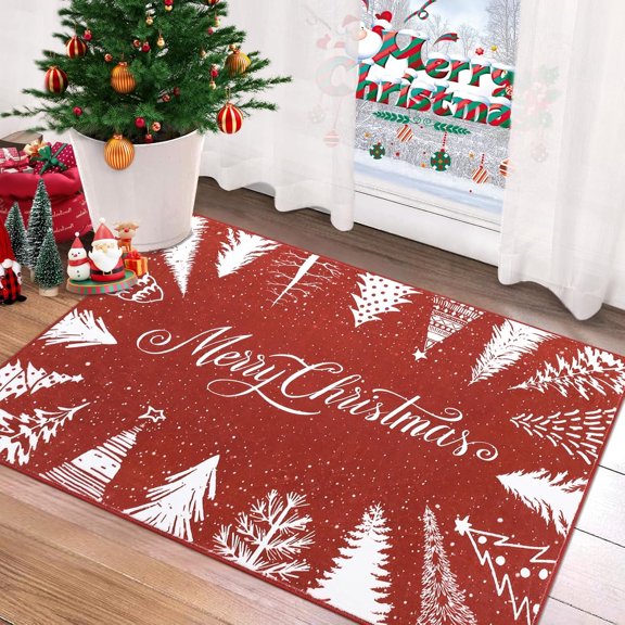Christmas Door Mat 2' x 3', Washable Entrance Doormats, Low Pile Throw Rugs Xmas Tree Floor Carpet for Bedroom, Soft Faux Wool Entryway Rug, Front Door Rug, Red