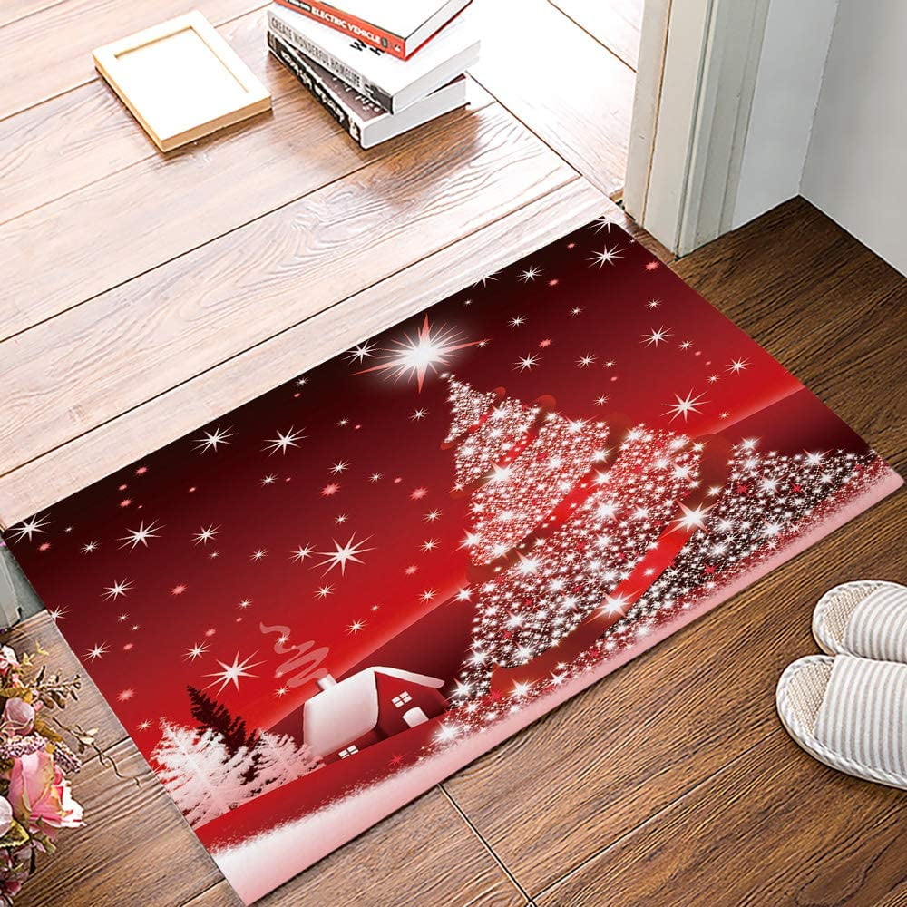 Christmas Door Mat 23.6 x 15.7 Inch Welcome Mat Front Floor Mats, Non Slip Indoor Carpet/Absorbent Outdoor Shoes Scraper, Red Shining Christmas Tree Low-Profile Rugs Doormats for Entryway