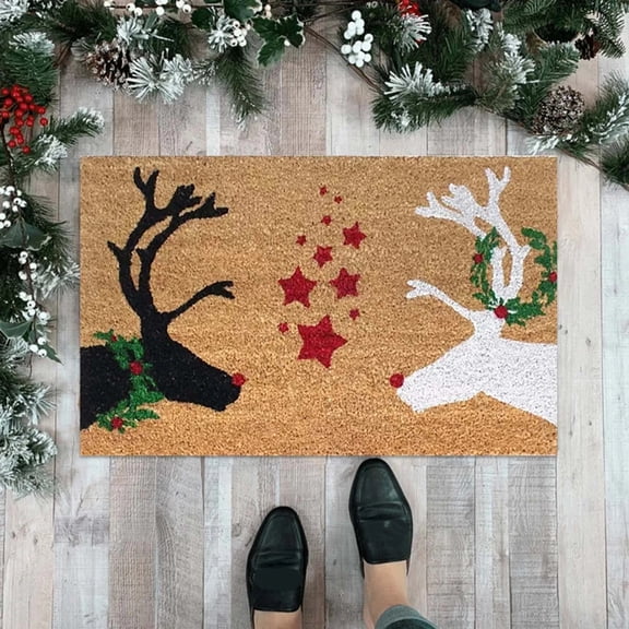 Christmas Door Mat, 23.6" x 15.7" Reindeer Christmas Welcome Mat Christmas Trees Doormat, Non Slip Washable Christmas Door Mats Outside Indoor for Home Front Porch Bath Kitchen Decor