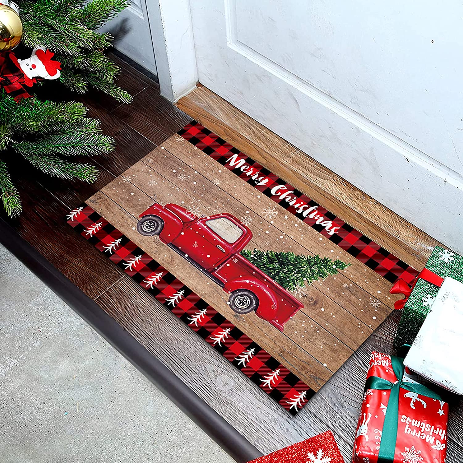 Christmas Door Mat 23."6x15.7 Welcome Mat Front Floor Mats, Non Slip Indoor Carpet/Absorbent Outdoor Shoes Scraper, Christmas Truck and Xmas Trees on Wooden Plank Red Plaid Rugs Doormat for Entryway
