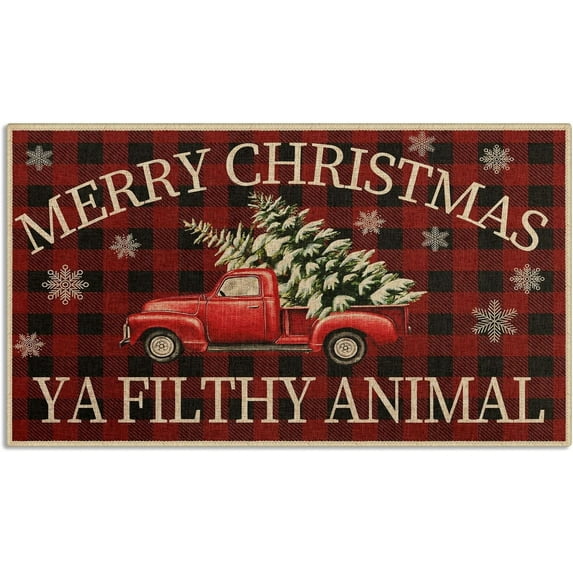 Christmas Door Mat, Buffalo Plaid Red Truck Tree Welcome Mat, Christmas Winter Doormats Front Door Mat Outdoor Indoor Entrance Rug Floor Mat Non Slip Absorbent Resist Dirt Carpet 17x30Inch