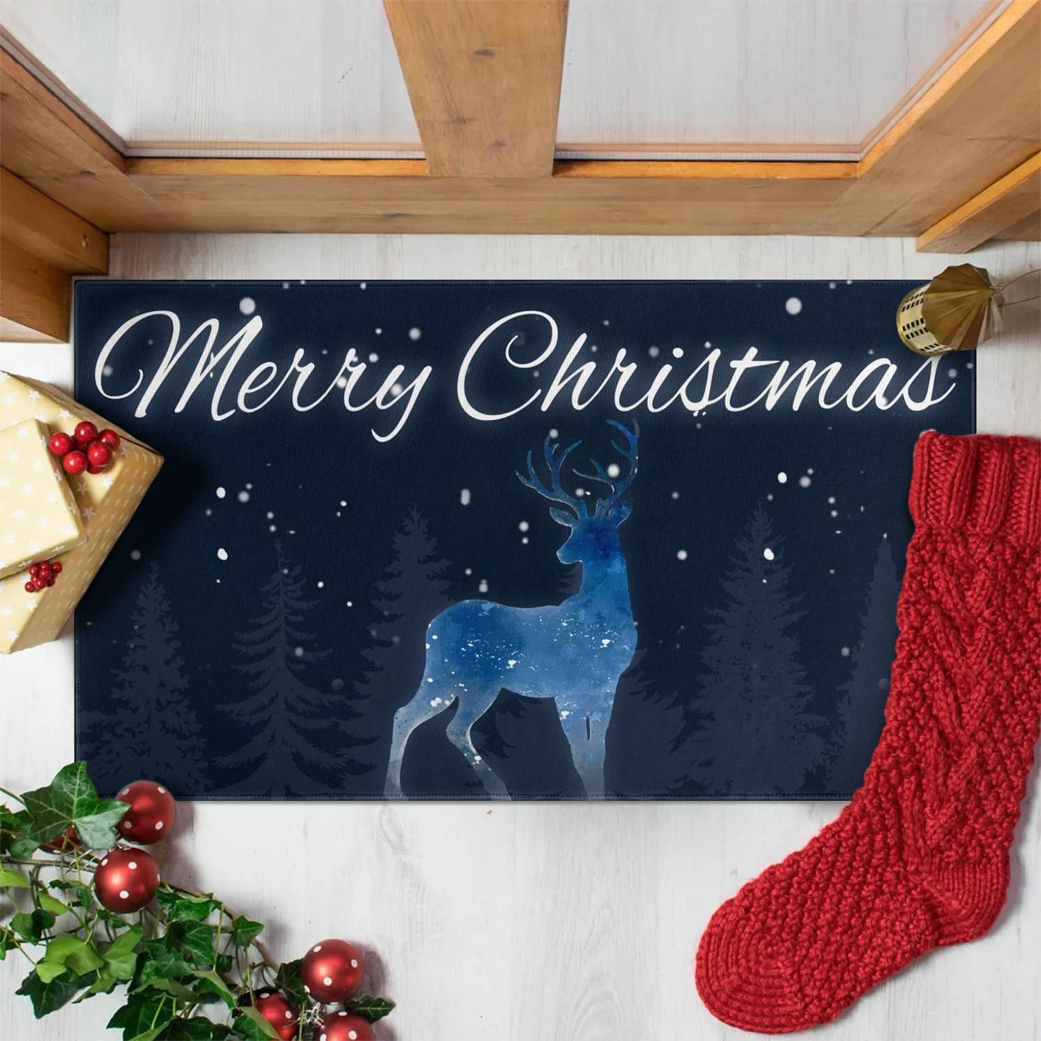 Possta Decor Indoor Doormat Front Door Mats,Christmas Dwarf Red Buffalo Plaid Water Absorbent Non Slip Entrance Rugs,Winter Snowflake Green Tree Gift Floor Bath