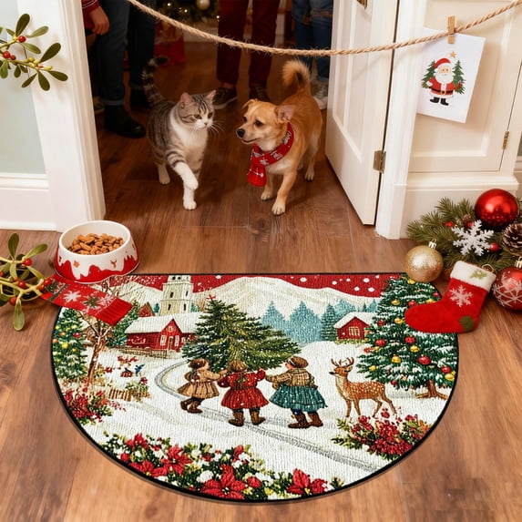Christmas Door Mat, Holiday Welcome Rug, Heavy Duty Floor Protector, For Household Winter Decoration with Holiday Season Accent