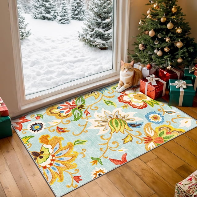 Christmas Door Mat Indoor Entrance 2x3 Rug – Washable Boho Floral Entry Rug, Small Area Rug Non-Slip Low Pile Throw Rugs for Entryway, Kitchen, Front Door, Kids Room (2x3ft,Sky Blue)