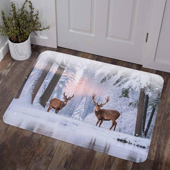Christmas Door Mat Indoor Outdoor Entryway Rug Winter Elk Snowy Forest Sunset Design Non Slip Heavy Duty Welcome Mat 16 x 24 for Front Door Garden Patio