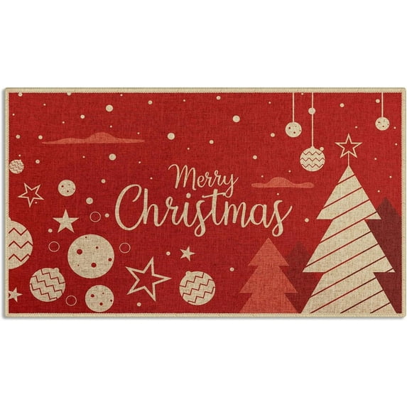 Christmas Door Mat, Merry Christmas Tree Red Welcome Mat, Christmas Winter Doormats Front Door Mat Outdoor Indoor Entrance Rug Floor Mat Non Slip Absorbent Resist Dirt Carpet 17x30Inch