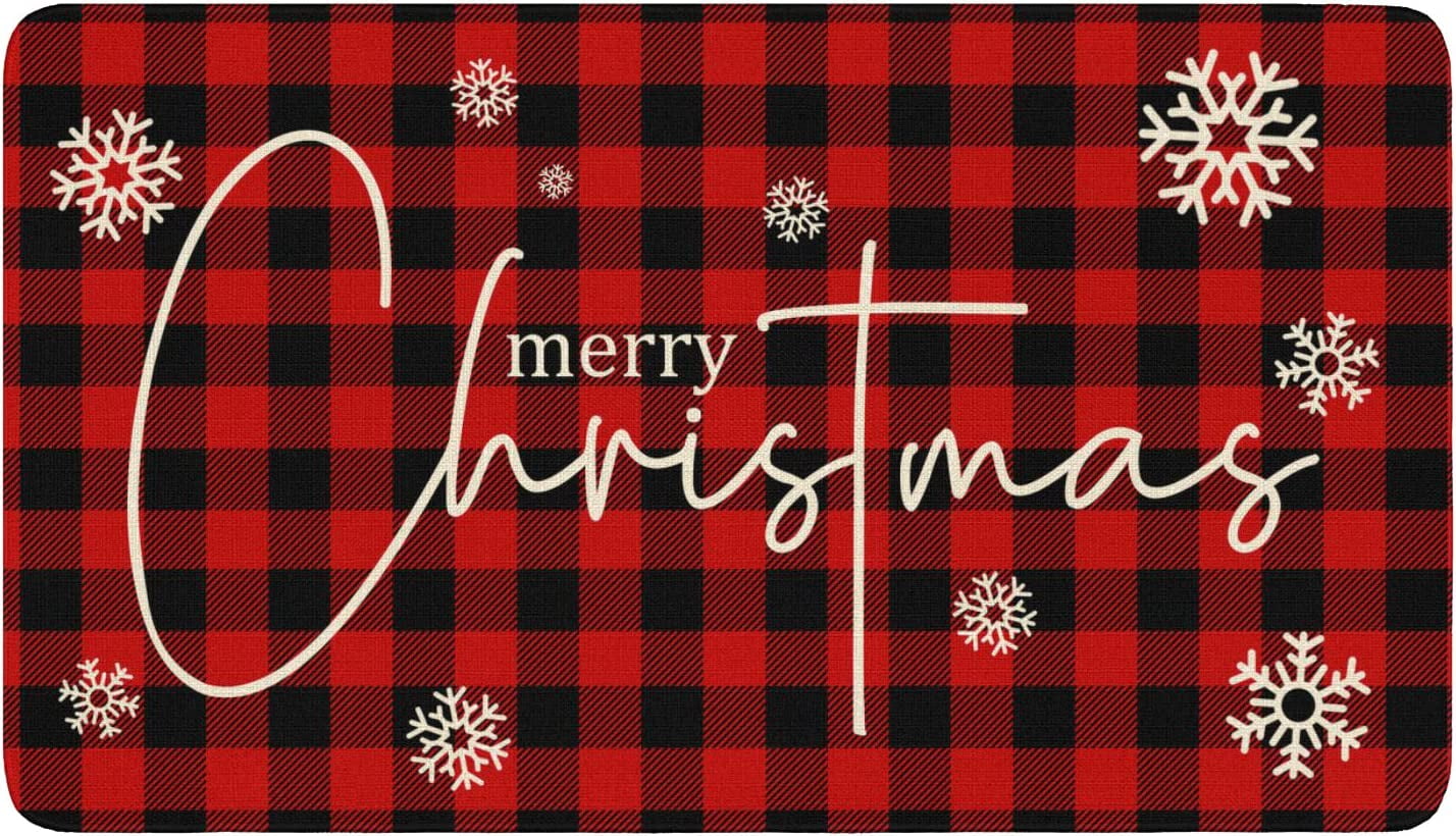 Christmas Door Mat Outdoor for Front Door Decorations , Red Buffalo Plaid  Snowflakes Merry Christmas Doormat,Winter Holiday Welcome Floor Mat Rug  Entryway for Front Porch Farmhouse Decor, 30 x 17 
