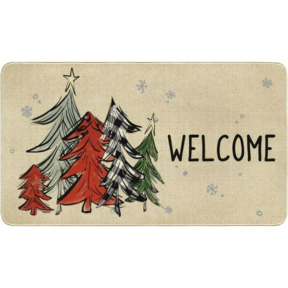 Christmas Door Mat Outdoor for Front Door Decorations, Buffalo Plaid Merry Christmas Tree Doormat,Winter Christmas Holiday Welcome Floor Mat Rug Entryway for Porch Farmhouse Decor, 30" x 17"