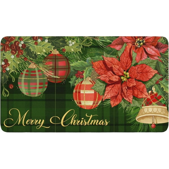 Christmas Door Mat Outdoor for Front Door Decorations,Buffalo Plaid Poinsettia Merry Christmas Doormat,Winter Christmas Holiday Welcome Floor Mat Rug Entryway for Front Porch Farmhouse Decor,30" x 17"