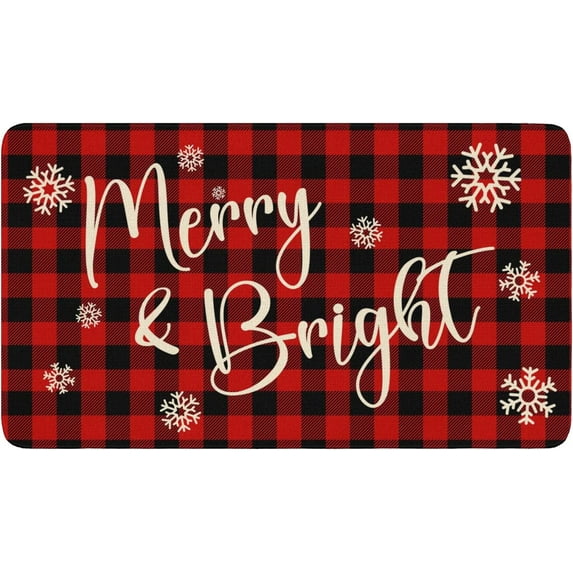 Christmas Door Mat Outdoor for Front Door Decorations , Merry and Bright Red Buffalo Plaid Doormat,Winter Christmas Holiday Welcome Floor Mat Rug Entryway for Front Porch Farmhouse Decor, 30" x 17"
