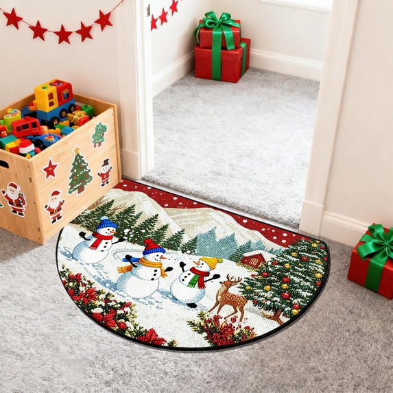 Christmas Door Mat, Winter Greeting Rug, Washable Entryway Dirt Half Round Trapper, For Home Entryway Living Room and Christmas Theme Decoration
