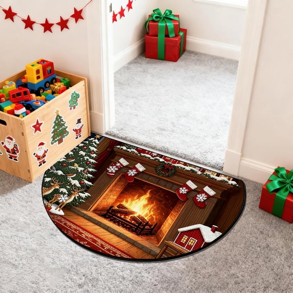 Christmas Door Mat, Winter Greeting Rug, Washable Entryway Dirt Half Round Trapper, For Home Entryway Living Room and Christmas Theme Decoration