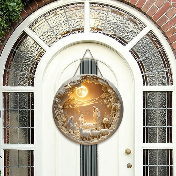 Christmas Door Sign, Rustic Wood Religious Nativity Scene Christmas Wreath with Lights for Front Door Wall Porch, Christmas Wreath Religious Door Decoration for Window Xmas Home Wall Decor