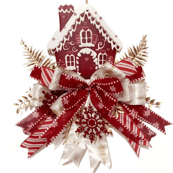 Christmas Door Sign Wall Hanging Decor Red White Farmhouse Plaque with Multi-Layer Bow & Snowflake, Gingerbread Wood Hanger for Home Indoor Decor for Christmas