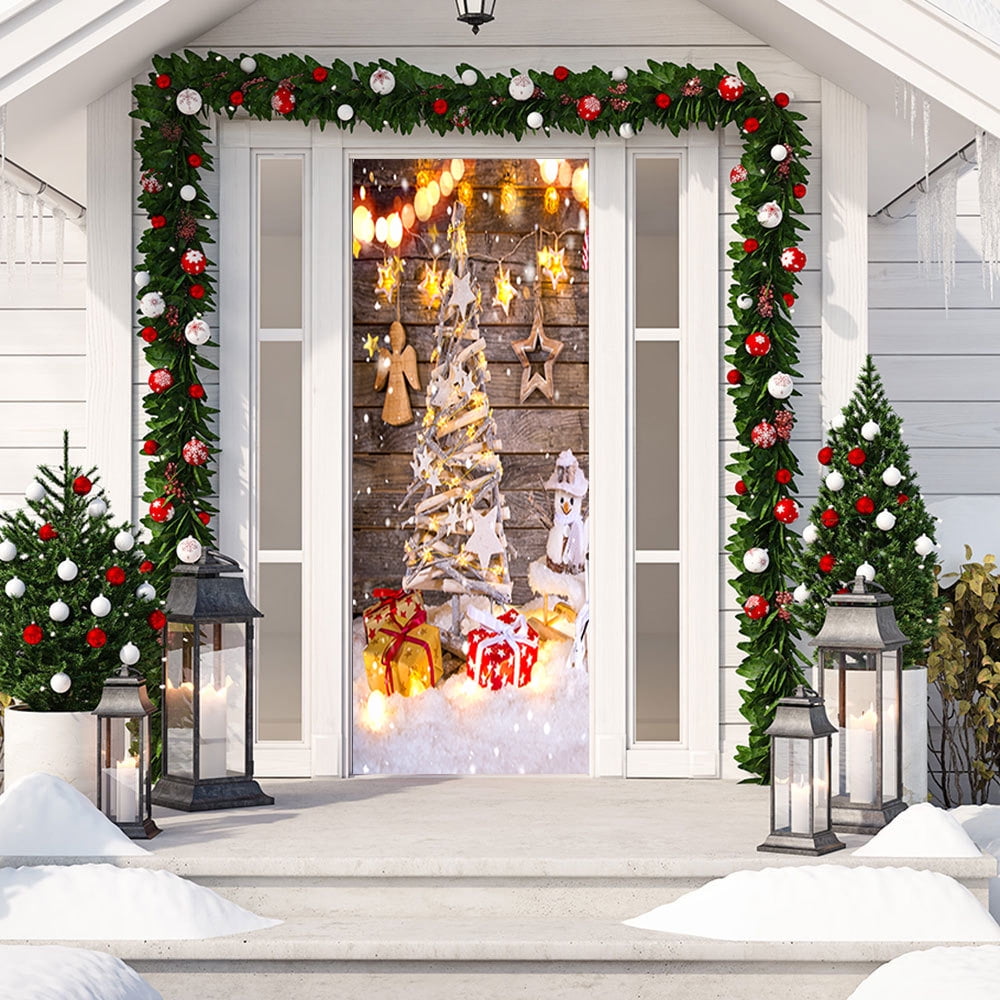 Christmas Door Stickers, Modern Art Self Stick Vinyl Door Mural Sticker, Peel and Stick Removable Refrigerator Wrap Decal, 2 Pcs Set