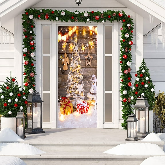 Christmas Door Stickers, Modern Art Self Stick Vinyl Door Mural Sticker, Peel and Stick Removable Refrigerator Wrap Decal, 2 Pcs Set