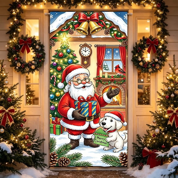 Christmas Door Tapestry, Polyester Fabric Door Tapestry, Full Door Surface Seasonal Display, Polyester Seasonal Door Hanging for Front Door, Wall, Room Display, 35.43 x 70.86 in, 1pc, Style E