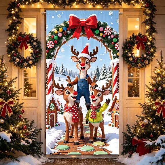 Christmas Door Tapestry, Polyester Hanging Clear Design Fabric Door Tapestry, Full Door Surface Seasonal Display, Seasonal Door Hanging for Front Door, Wall, 35.43 x 70.86 in, 1pc, Style D