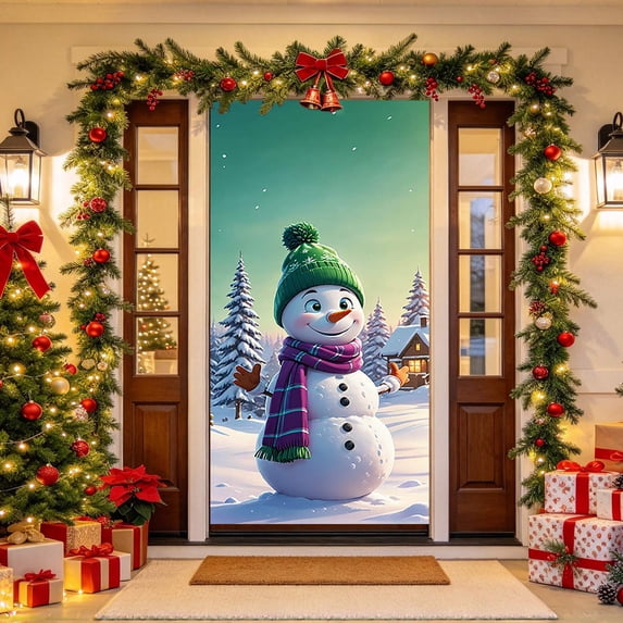 Christmas Door Tapestry Xmas Front Door Hanging Decor Holiday Party Cloth Door Curtain Polyester Fabric Wall Hanging for Home Bedroom Indoor Christmas Decoration