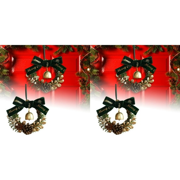 Christmas Door Wreath with Bow and Bell Decorations - Artificial Golden Green Wreath with Jingle Bells, Lanyard for Front Door, Tree, Indoor Outdoor Home Decor, Window, Cabinet, Car Wall Christmas