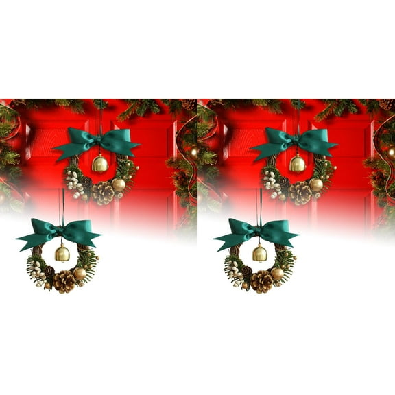Christmas Door Wreath with Bow and Bell Decorations - Artificial Golden Green Wreath with Jingle Bells, Lanyard for Front Door, Tree, Indoor Outdoor Home Decor, Window, Cabinet, Car Wall Christmas