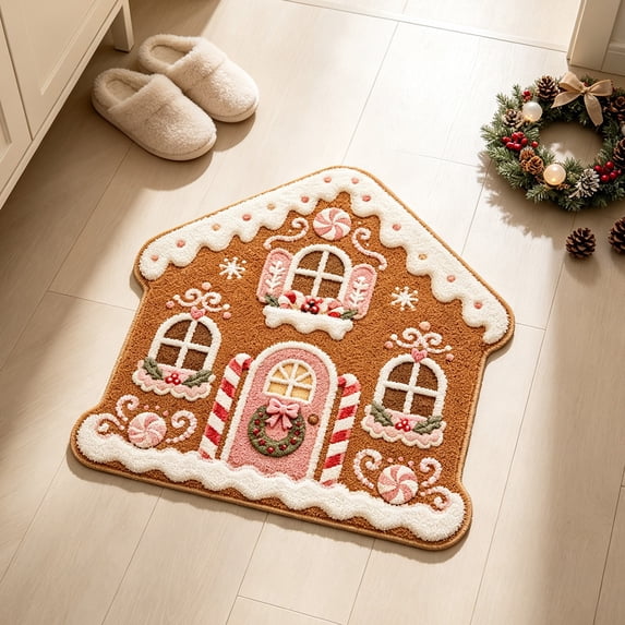 Christmas Doormat Gingerbread House Christmas Welcome mat, Gingerbread Natural Coir Non-Slip Christmas Doormat Welcome Mat for Front Porch Entryway Outdoor Holiday Home Decor