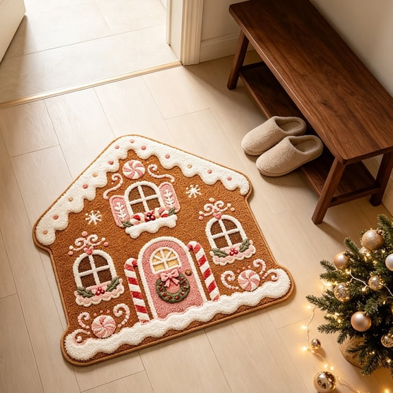 Christmas Doormat Gingerbread House Christmas Welcome mat, Gingerbread Natural Coir Non-Slip Christmas Doormat Welcome Mat for Front Porch Entryway Outdoor Holiday Home Decor