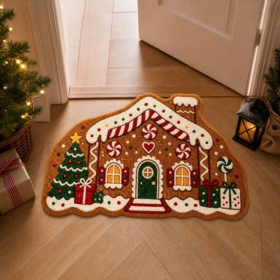 Christmas Doormat, Gingerbread House-shaped Welcome Mat with Peppermint Xmas Tree Designs, Faux Coir Front Door Mat, Non Slip Outdoor Mat Decor for Porch, Entryway, Holiday Party, 16x24 Inch