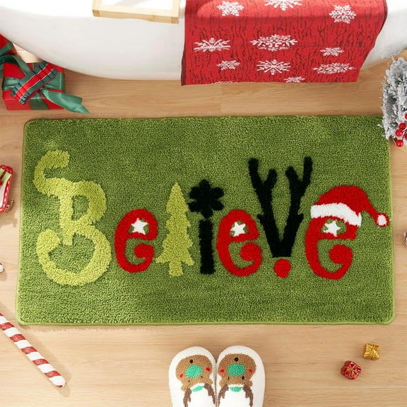 Christmas Doormat Green - Plush Holiday Rug for Front Door, Bathroom, Kitchen Decor with Non-Slip Backing (15.75x23.62 Inch)