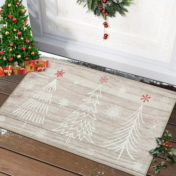 Christmas Doormat Xmas Holiday Decorative Christmas Tree Snowflake and Gift Pattern Welcome Mat for Home Decoration Non Slip Washable Door Mat, Red, 20x32 Inch Natural