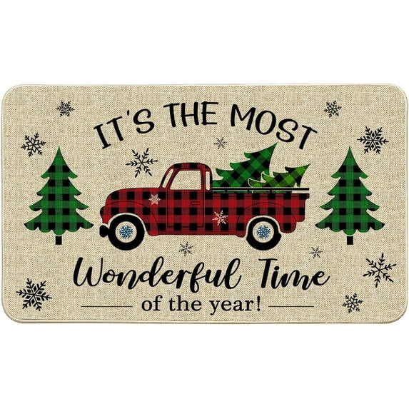 Christmas Doormats 17x30 Inch, Welcome Door Mats for Front Door, Winter Christmas Truck Farmhouse Plaid Outdoor Mats for Indoor or Outdoor Decorations,Merry Christmas Decor for Home