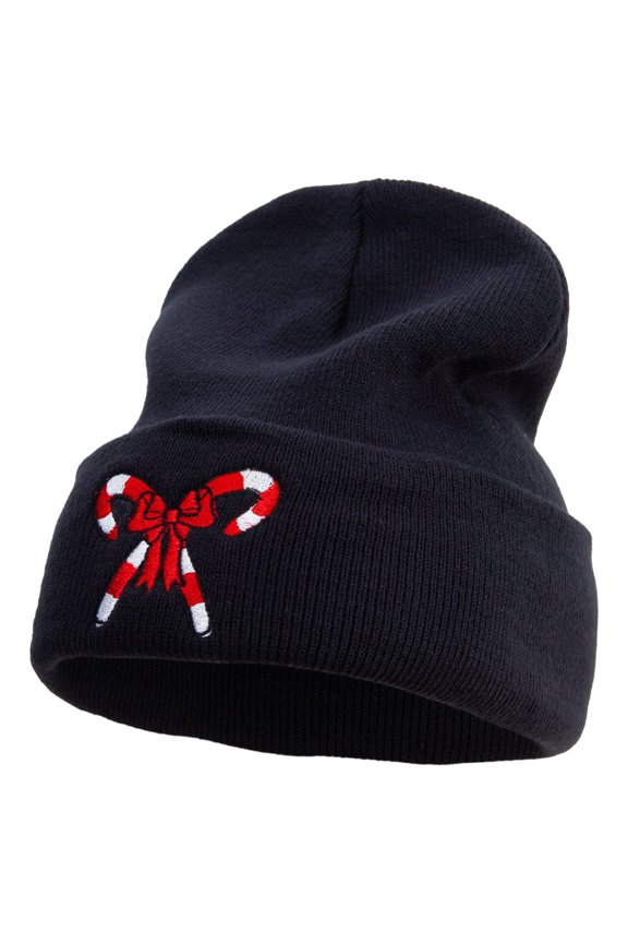 Christmas Double Candy Cane With Ribbon Embroidered 12 Inch Long Knitted Beanie - Black OSFM