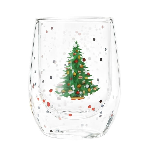 Christmas Double Layer Glass Cup Insulated Class Cup for Home and Party Christmas Tree Glass Drinkware for Milk,Tea,Beverage, for Holiday Decoration