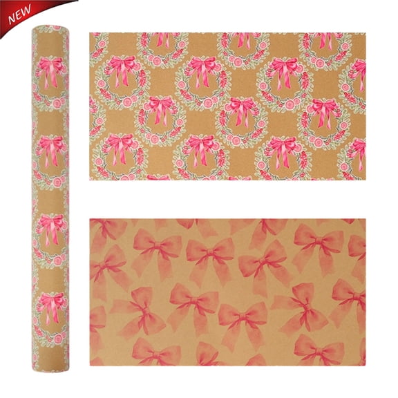 Christmas Double‑Sided Printed Wrapping Paper Roll 15FT x 1.7in, Kraft Paper Pink Bow Wreath & All‑Over Bow Pattern Recyclable Gift Wrap,Paper for Holiday Birthday Party Gift Packaging Decor