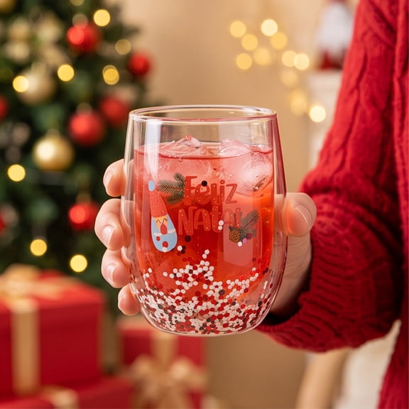 Christmas Double Wall Glass Cup with Sealed Sequins, Festive Egg-Shaped Insulated Tumbler for Coffee, Holiday Party Drinkware Gift, 4.33x1.96in