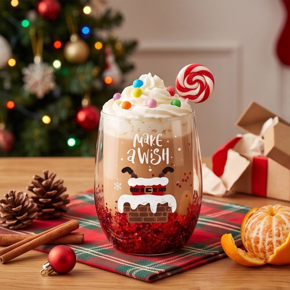 Christmas Double Wall Glass Cup with Sealed Sequins, Festive Printed Egg-Shaped Tumbler for Coffee, Ade, Holiday Party Drinkware and Gift