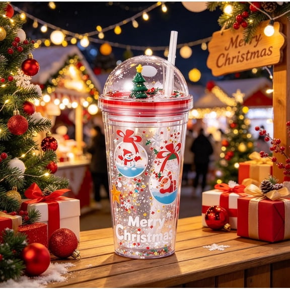 Christmas Double Wall Tumbler with Dome Lid and Straw, 450ml Reusable Plastic Christmas Glitter Shaker Cup, Snowman Micro Landscape Travel Tumbler, Insulated Holiday Drinking Cup for Christmas Party