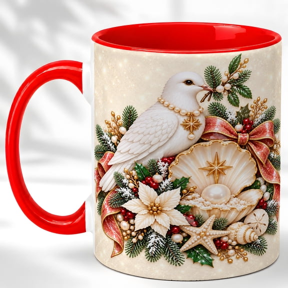 Christmas Dove Coffee Mug, Coastal Holiday Mug, Ceramic Cup