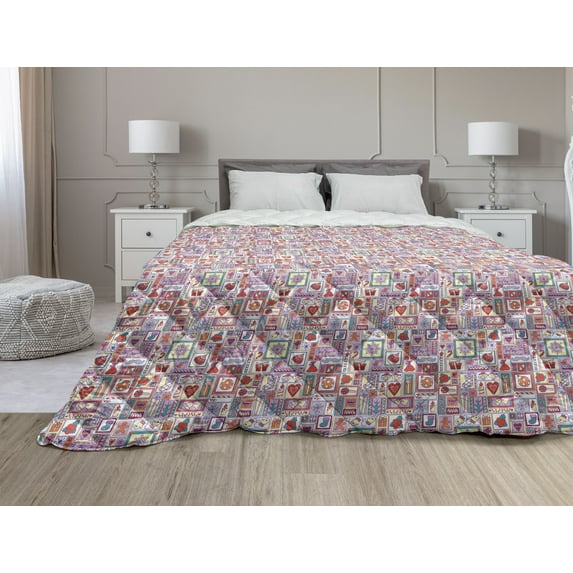 Christmas Down Alternative Comforter, Tree Branches Spruce Leaves Balls Bells Cones Poinsettia Flowers Mistletoe Berry, Microfiber Quilt for All Season, 5 Sizes, Multicolor, by Ambesonne