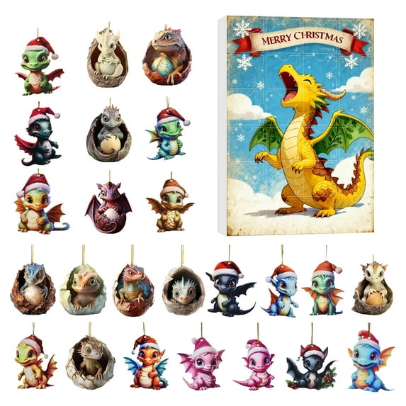 Christmas Dragon Advent Calendar 2025, 24 Days of Christmas Advent Calendar Hanging Ornaments Xmas Tree Cartoon Acrylic 2D Dragon Decorative Ornaments for Home Tree Decor Countdown