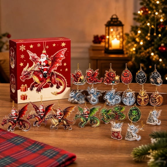 Christmas Dragon Advent Calendar, Resin, 24 Fantasy Dragon Hanging Ornaments with Santa Pattern for Christmas Tree Decoration