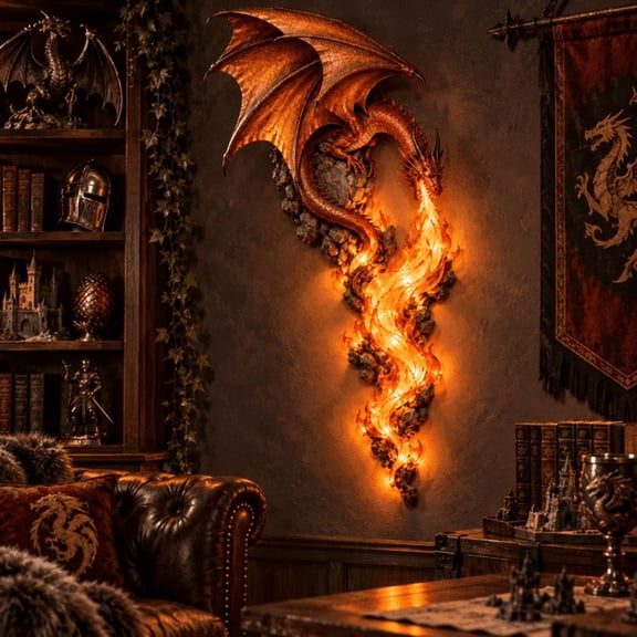 Dragonfire Guardian Wall Sconce | Gothic Medieval Fantasy Dragon Wall Decor with Flame Light Effect, Wall Mounted Sculpture for Gaming Room Man Cave Home Decor & Gift