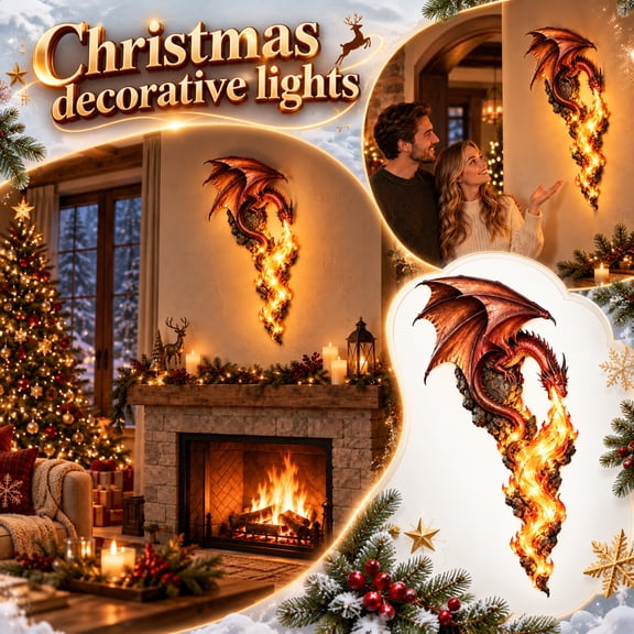 Christmas Dragon Wall Decor Light, 31.5" LED Fire Breathing Dragon Wall Art with Warm Flickering Flame, Fantasy Medieval Hanging Home Decor for Christmas Fireplace, Xmas Gift for Dragon Lovers