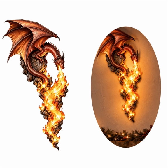 Christmas Dragonfire Guardian Wall Sconce, Festive LED Fire Dragon Wall Decor with Cascading Flame, Holiday Fantasy Decoration for Mantel Living Room and Seasonal Home Display
