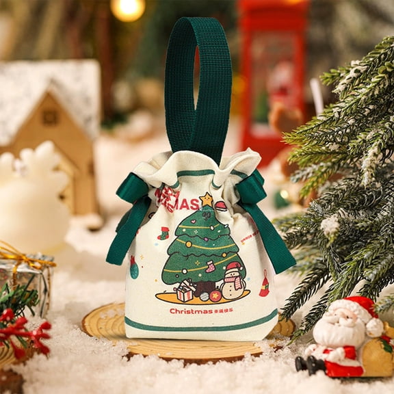 Christmas Drawstring Bags - Festive Santa & Tree Print Fabric Gift Bags,Canvas Gift Bags,Santa Scenes & Checkered Patterns with Drawstrings for Xmas Candy,Party Favors & Holiday Decorations