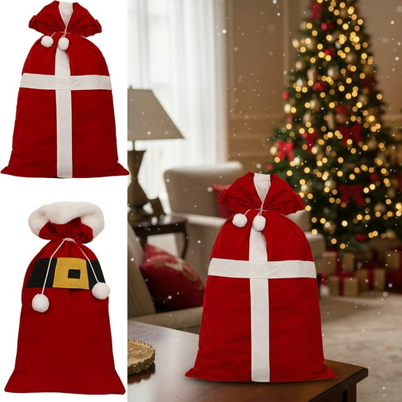 Christmas Drawstring Gift Bags,19x11" Santa Sack for Presents, Holiday Wrapping Christmas Decorations Wine Bottle Cover,Red Velvet,Canday Bags For Xmas Party Supplies,Table Decoration