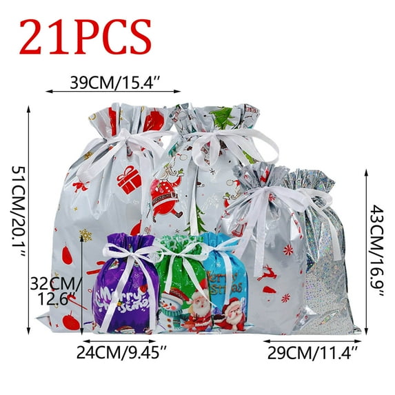 Christmas Drawstring Gift Bags Set - 21pcs Colorful Drawstring Foil Bags Featuring Festive Christmas Designs
